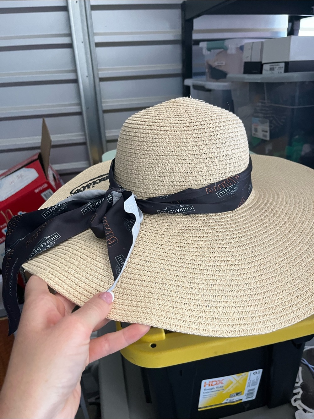 SF Wide Brim Straw Sun Hat with Black Logo Scarf